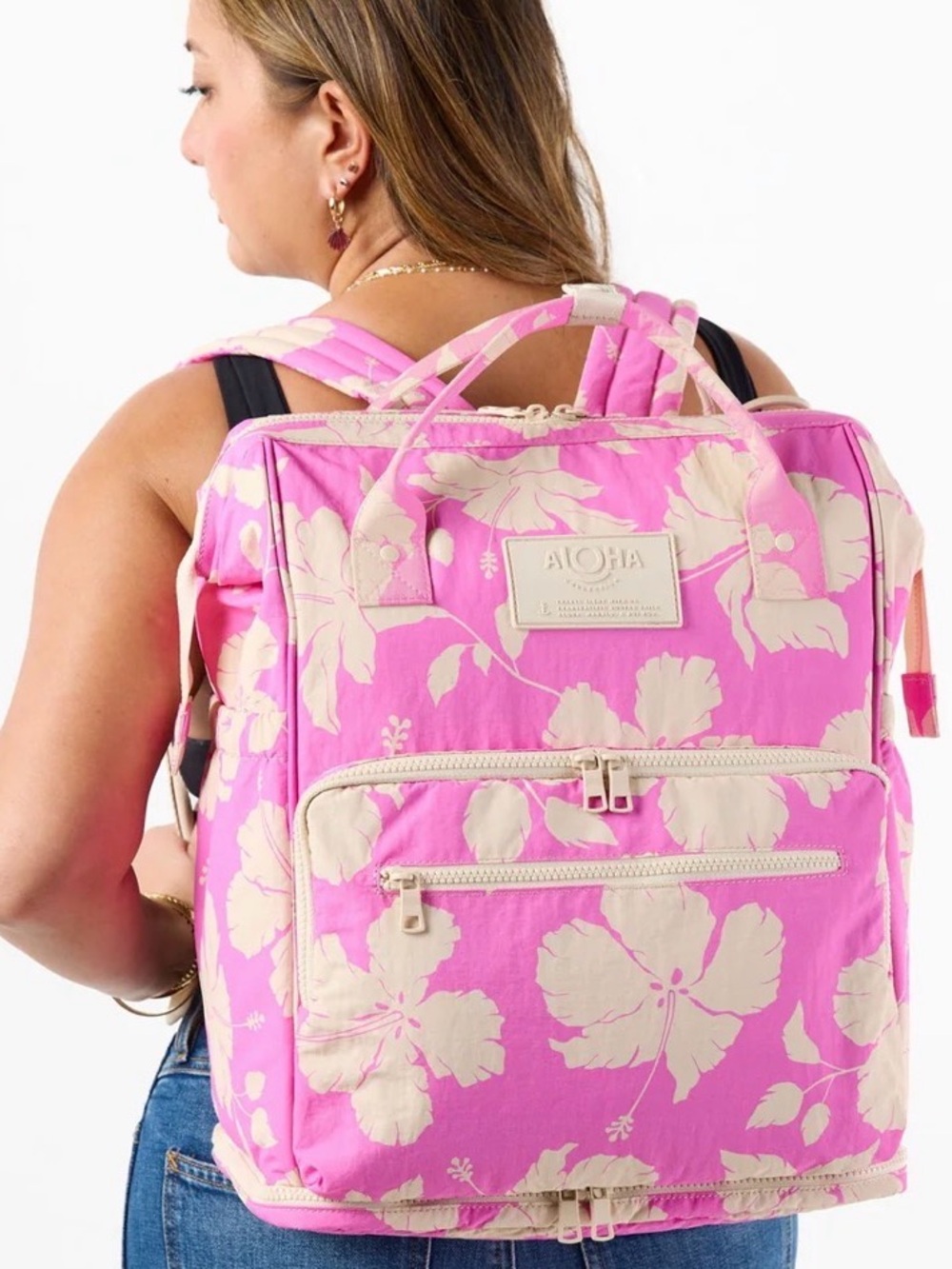 ALOHAS Pink and Cream Floral Backpack Tote